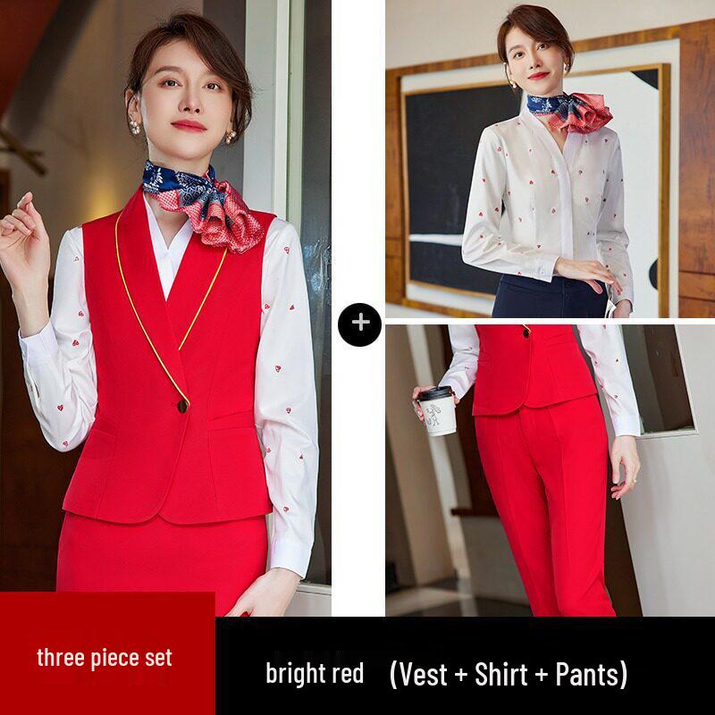 China Southern Airlines Flight Attendant Professional Suit: High-End Rose Red Vest and Dress Reception Uniform