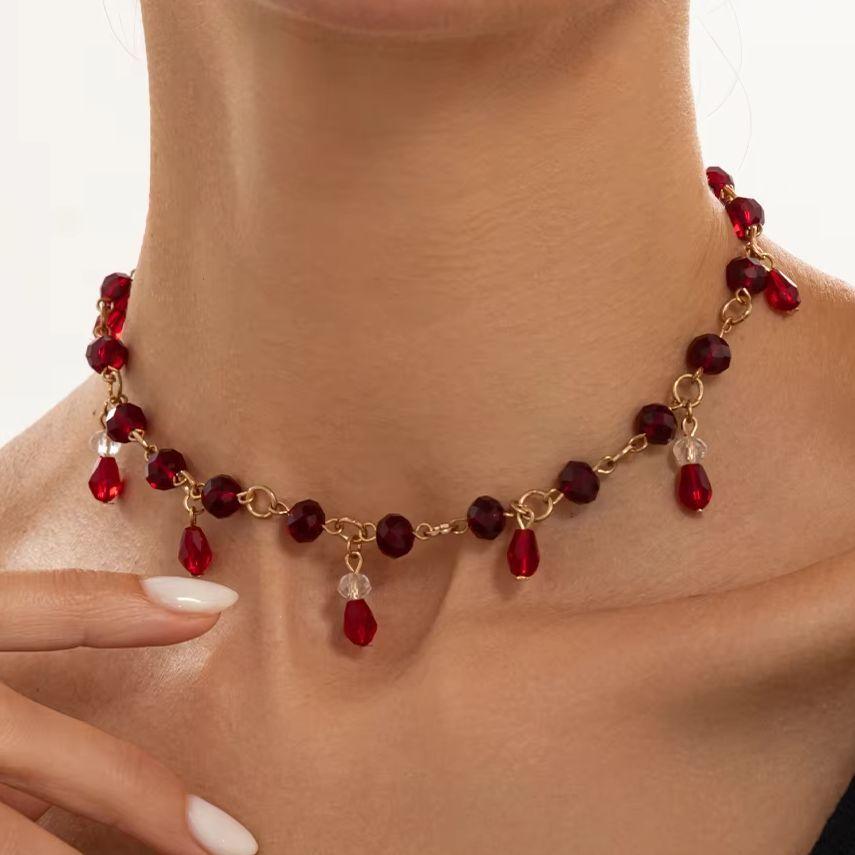 KunJoe Vintage Exquisite Schwarz Rot Kristall Perlen Quaste Anhänger Halskette Damen Gotisch Handgefertigt Schlüsselbein Kette Halloween Schmuck