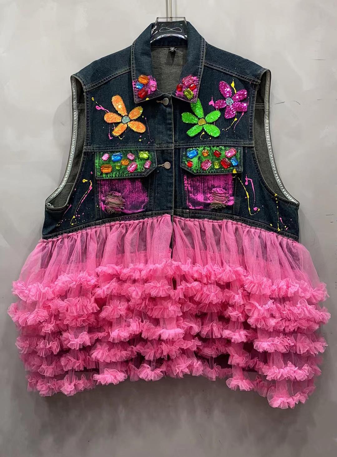 Heavy industry graffiti denim vest splicing mesh top retro vest vest women s foreign style small vest cardigan One size fits all синий
