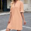 Solid Color Jacquard V-Neck Short Sleeve Shift Dress Women