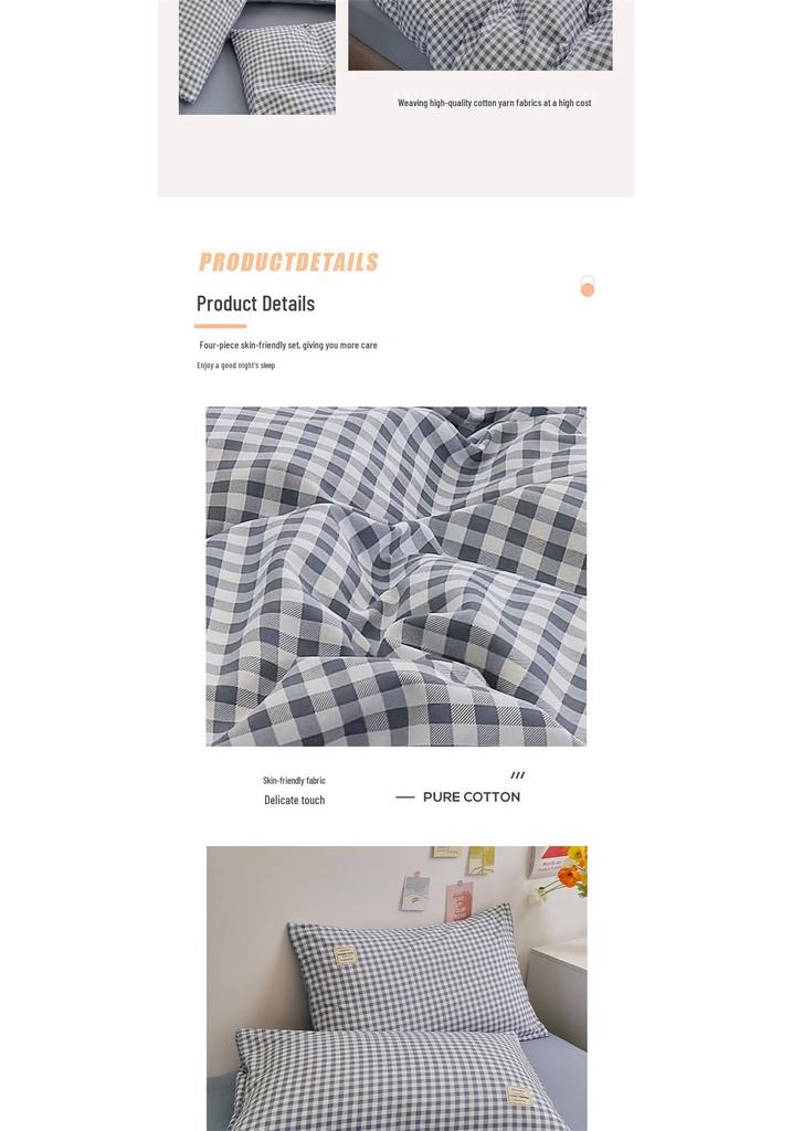 Four-Piece Pure Cotton Washable Bed Set: Skin-Friendly Sheet and Duvet Cover, Ideal for Dormitory Beds.