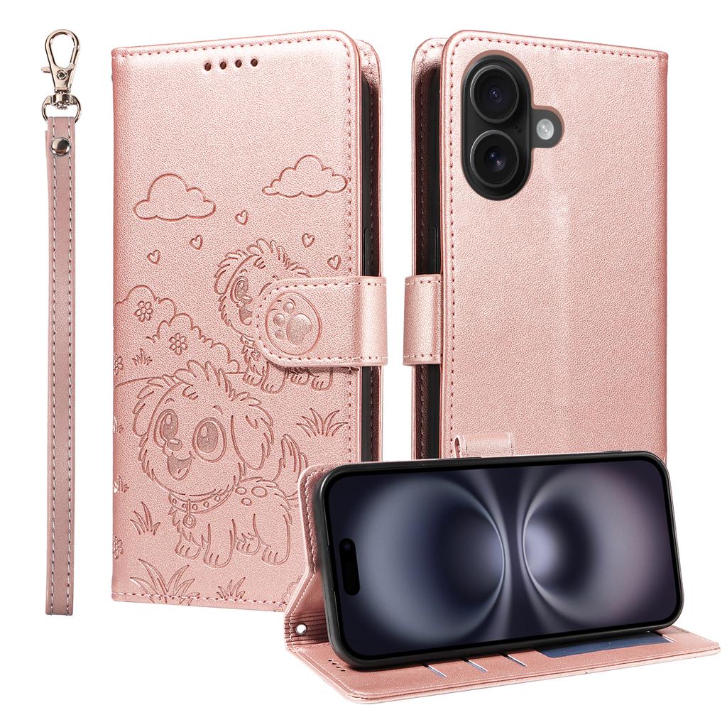 For iPhone 16 Case RFID Blocking Imprinted Dog Pattern PU Leather Phone Cover with Wrist Strap