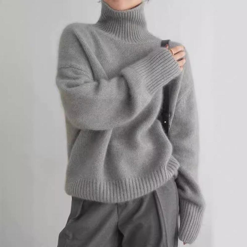 Women Autumn Winter High Collar Long Sleeve Wardrobe Staple Warm Solid Color Comfy Loose Pullovers Knitted Sweater Top