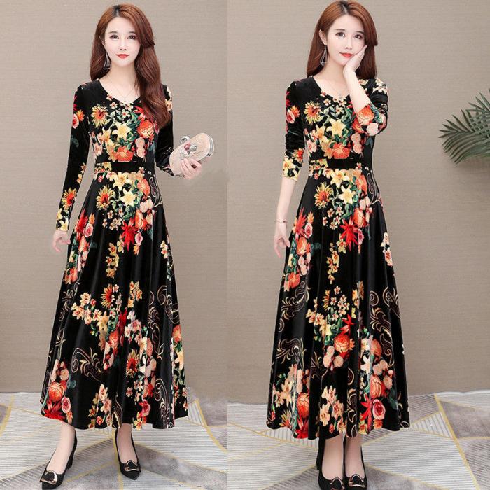 Large size catty golden velvet dress women s autumn and winter mother dress middle-aged and elderly looking thin medium and long bottom skirt M [recommended within 47.5kg years]