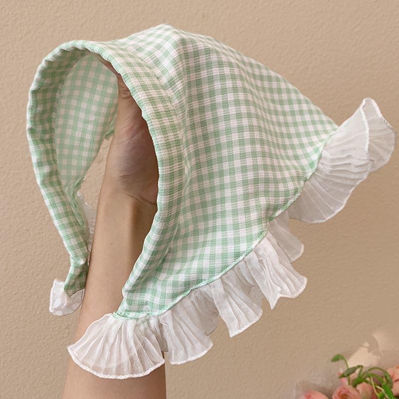 Idyllic lace headband new blast furnace top triangle scarf headband French retro plaid sweet and cute headscarf