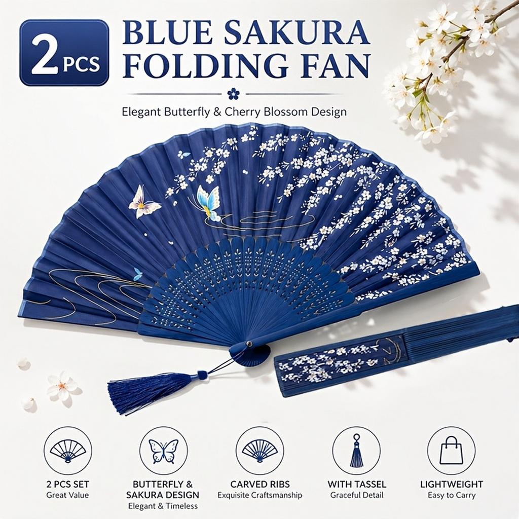 Blue Folding Fan with and Small Butterfly Pattern for Group Dance and Decoration