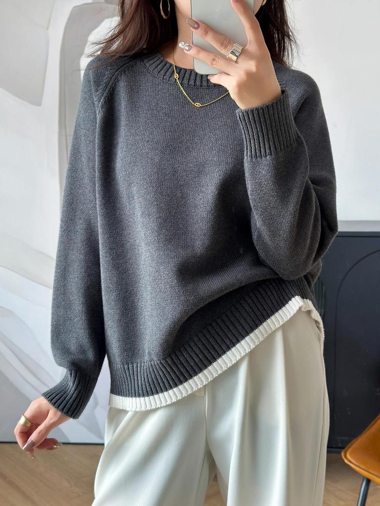 Korean-Style Loose Fit Women's Round Neck Thick Pure Cotton Long Sleeve Sweater for Autumn/Winter