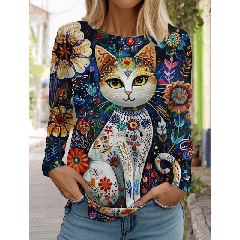 Art Cute Cat Women's Long Sleeves T-Shirt 3D Print Clothing Autumn Fashion Animal Clothing Holiday Gift Clothing Party T-Shirt