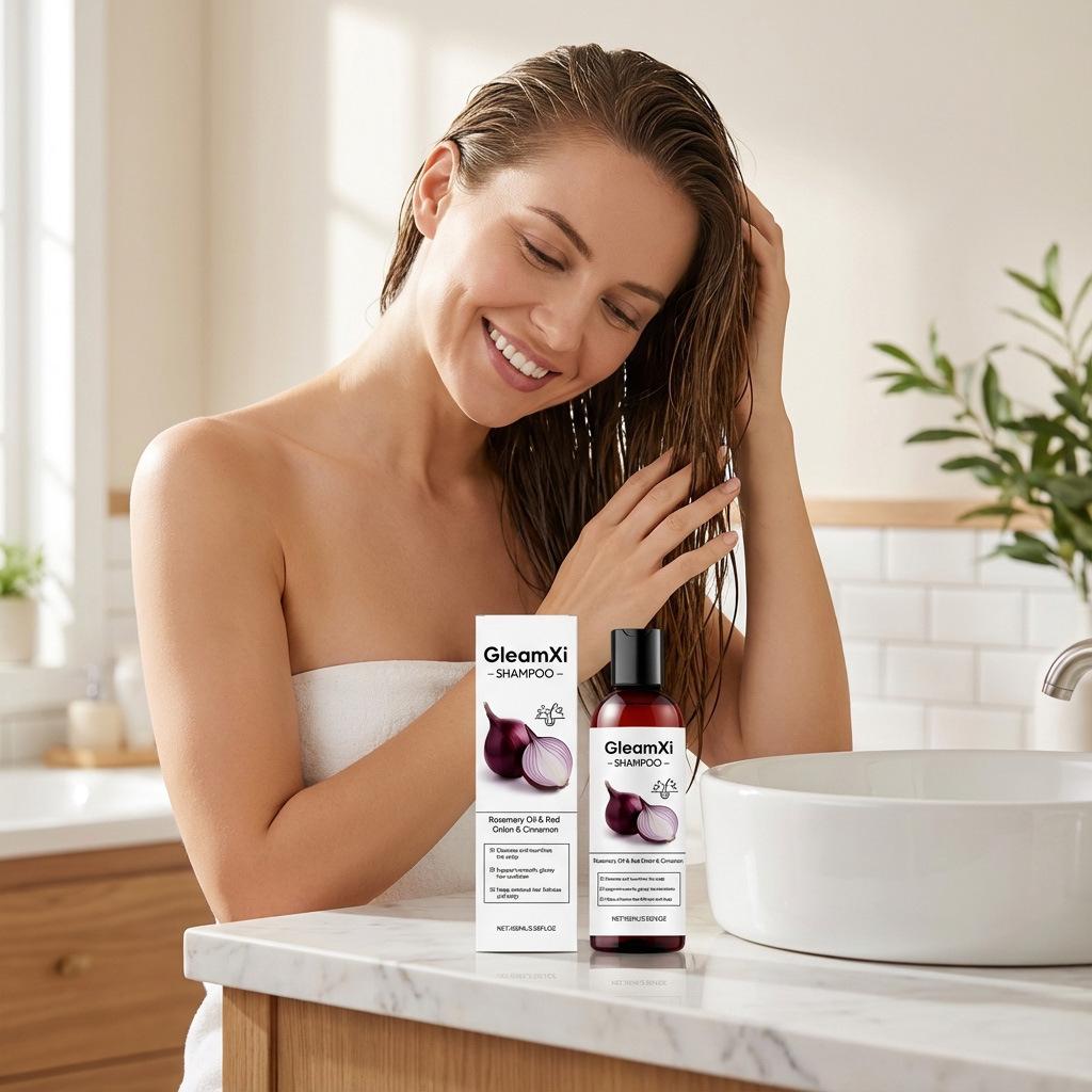 Gleamxi Red Onion Shampoo: Cleanses Scalp, Tames Frizz, Smooths, and Adds Shine.