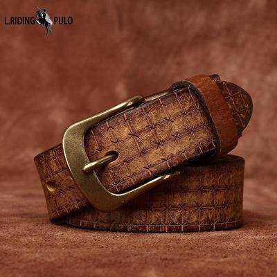 Cintura da Uomo Incisione Laser Personalità Goffrata Spessa e Extra Spessa Pelle Fibbia ad Ardiglione Primo Strato Pelle Bovina Cintura Retrò per Jeans
