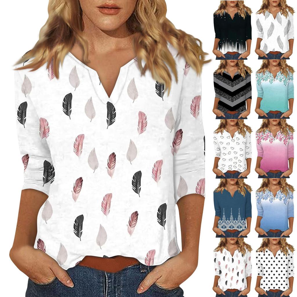 Women's Stand Collar 3/4 Sleeve Printed Top T-shirt