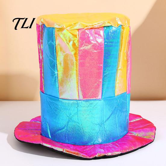 Waterproof Glossy Performance Hat Magician Top Hat, Colorful Wide Brim Retro Striped Halloween Carnival Costume Accessory for Costume, Mardi