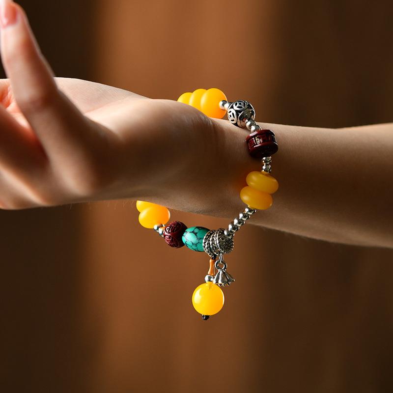 Vintage Bohemian Beeswax Bracelet, Chicken Oil Yellow Single Circle Turquoise Multi Treasure Bracelet Pendant, Temperament Accessory for Women