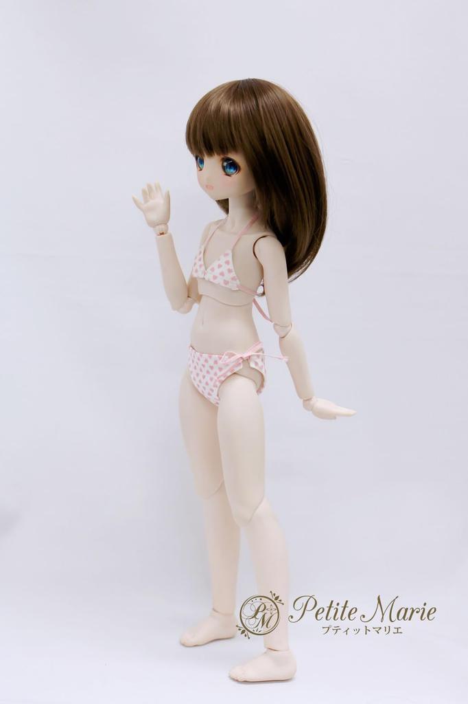 [Petite Marie] 13 MDD (S-L bust) compatible, soft touch, heart pattern bikini swimsuit, heart pink, white background, 40cm doll, BJD doll clothes