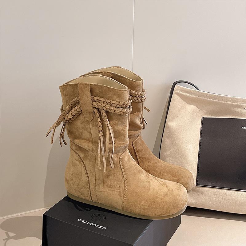 

Retro short boots women s autumn and winter round head inner heightening pleated soft-soled stacking boots short western Martin boots 40