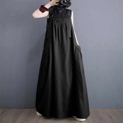 Kadın Kot Tulum Elbise Bol Kolsuz Boho Jean Jumper Elbise Cepli Geniş Etek Ucu Önlük Elbise Ayarlanabilir Askılı