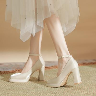 Mary Jane High-heeled Women's Shoes Thick-heeled Waterproof Table Thick-soled Small Man Heightening Bridesmaid Shoes High-end Fashion Bridal Shoes
