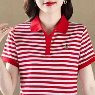 Polo Rayé pour Femme Col Contrastant Manches Courtes Haut Décontracté avec Petite Broderie
