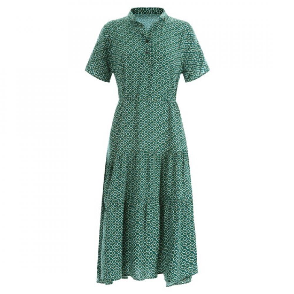 Shop Women S China Collar Half Open Daily Short Sleeve Flare Long dreSS Green