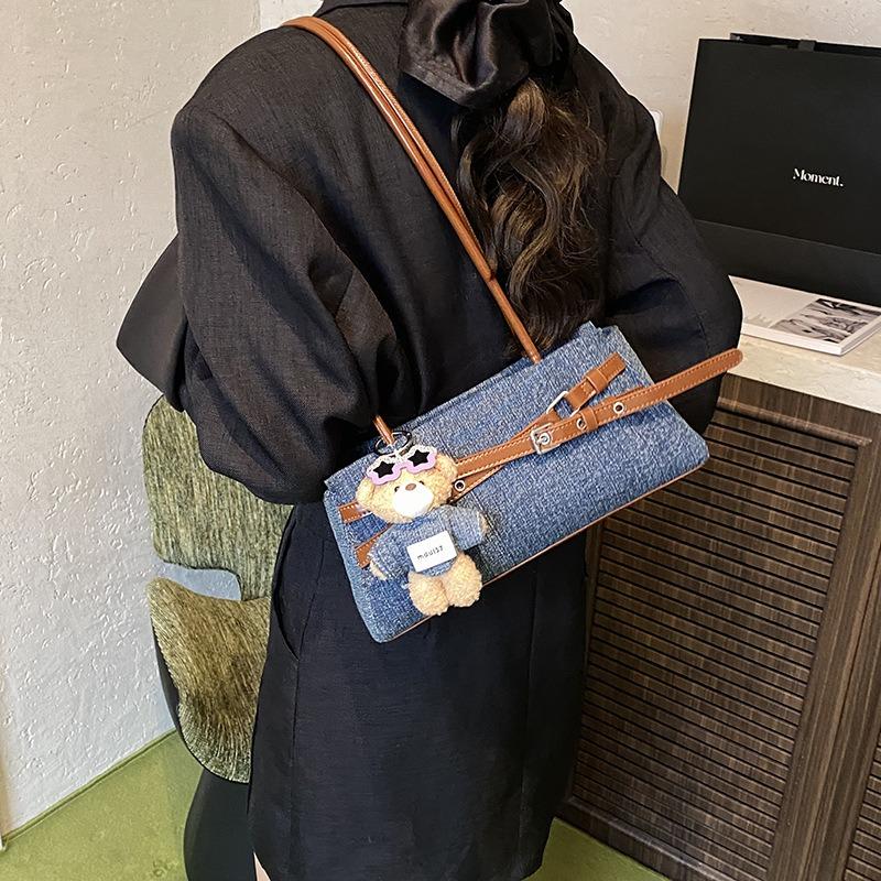 Niche denim bag women's new contrasting color versatile shoulder underarm bag fashionable commuter bag
