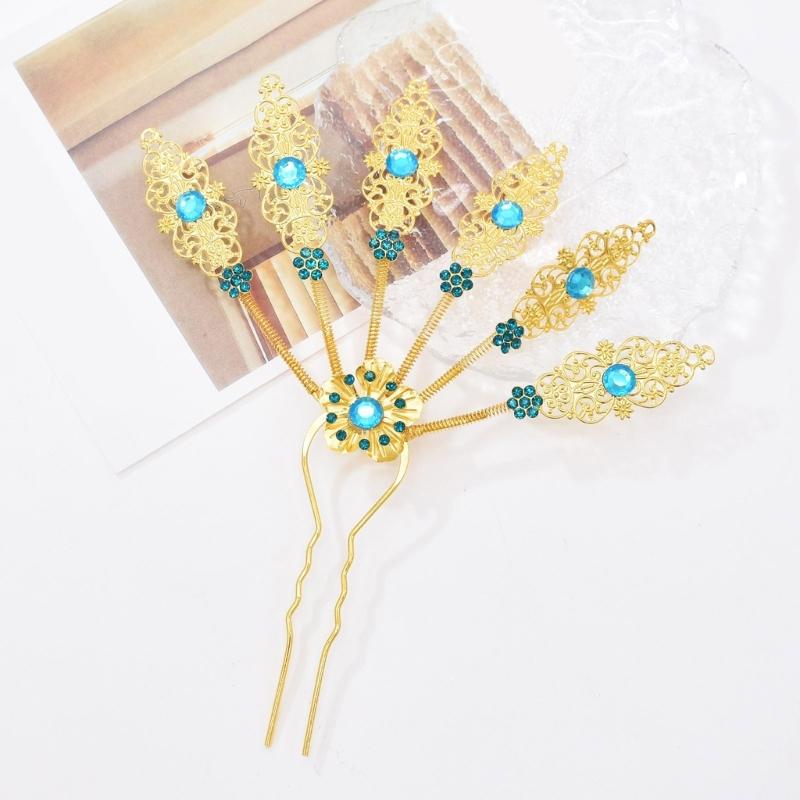 Alloy Peacocks Leaf Hair Stick Hairpieces with Rhinestones Thai Ethnic Hair Ornament Daily Hairstyle Embellishment