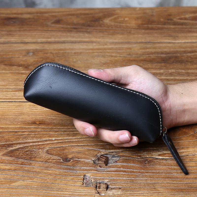 

Retro Genuine Leather Pen Bag Crazy Horse Leather Pen Box Storage Bag Zipper Glasses Box Learning Supplies Stationery Wallet Bag чорний