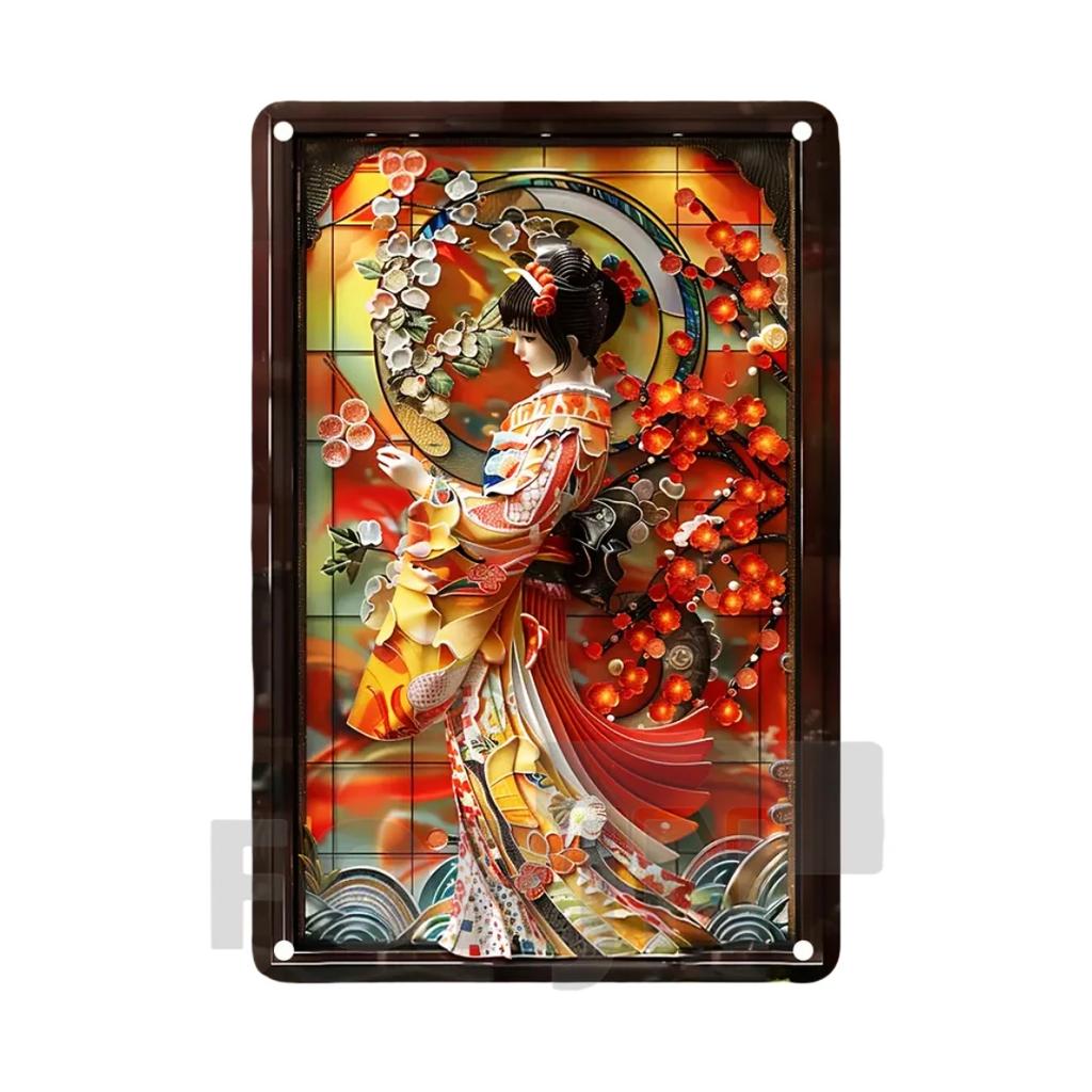 2D Japanisches Kunstposter Kimono Kirschblüten, elegantes Retro Geisha Metallschild, Zuhause, Zimmer, Büro, Izakaya, Café, Studio Wanddekor