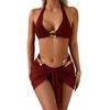 Set Costume da Bagno da Donna 3 Pezzi Set Reggiseno a Collo Alto Slip Vita Alta Sollevamento Fianchi Gonna Protezione Solare Fibbie Metalliche Costumi da Bagno da Spiaggia