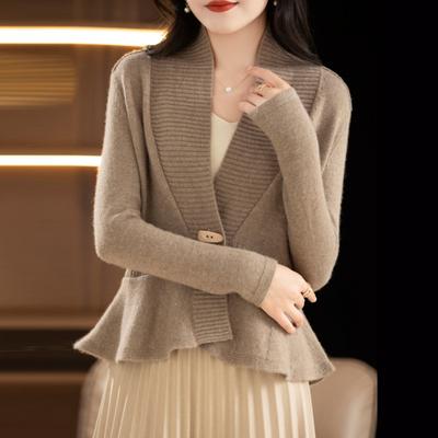 Damen Pullovermantel mit V-Ausschnitt, langen Ärmeln, gerüschtem Saum, Strickpullover, einfarbig, schmale Passform, taillenenge Pullover-Strickjacke