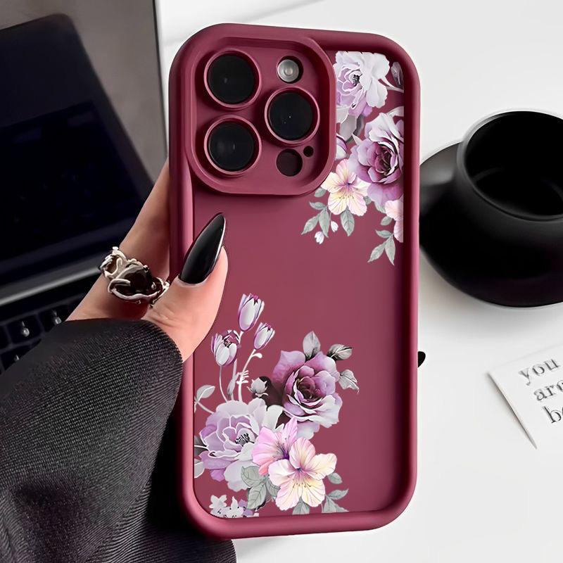 

Модный чехол для телефона с цветочным узором для iPhone 16 Pro Max 15 Pro 14 Plus 13 12 11 XS 8 7, мягкая противоударная матовая задняя крышка из ТПУ iPhone 7 / 8 / SE 2022 вино красного