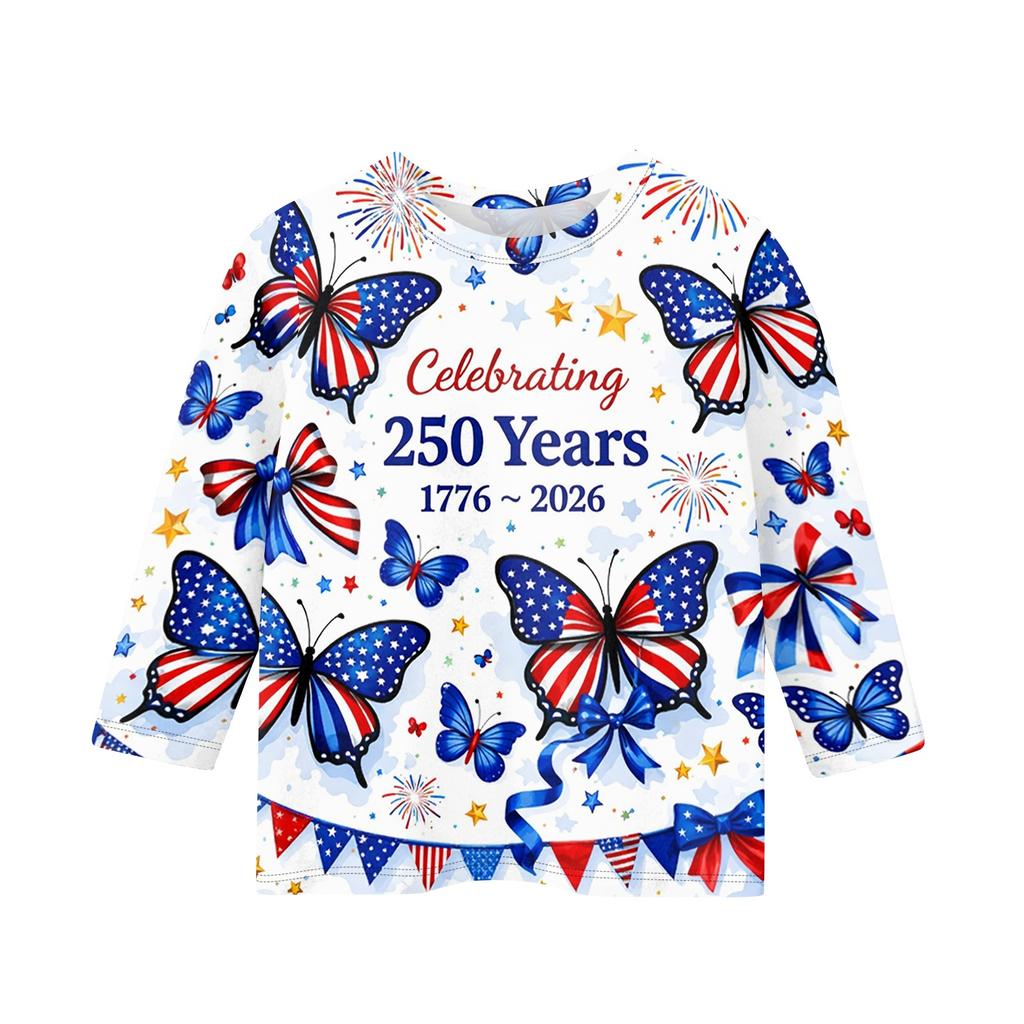 Children's Independence Day Printed Round Neck Seven Quarter Sleeve Casual T-shirt