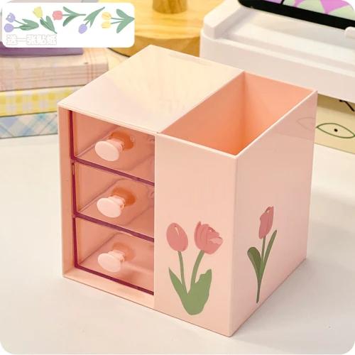 Kawaii Desk Pen Holder Pencil Storage Box Desktop Stationery Ins Organizing Box Cute Drawer Pen Holder MultiFunctional Organizer