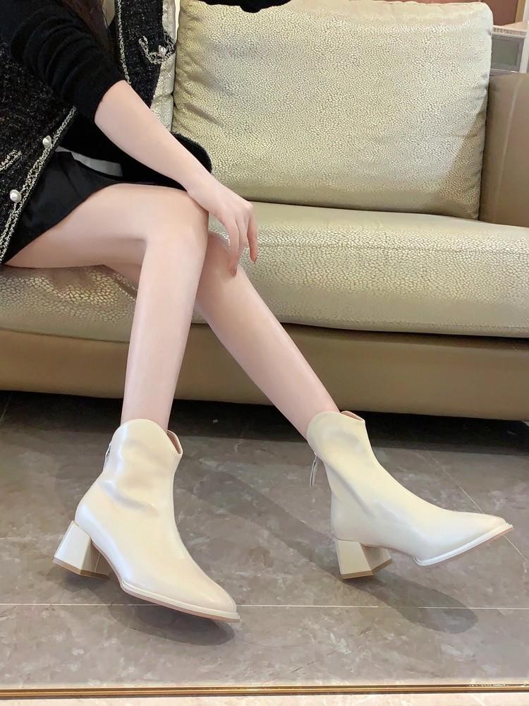 Women's Shoes, White Short Boots, Women's 2025 Autumn and Winter New Square Head Thick Heel Thin Boots, Thin and Velvet, Zipper High Heel Naked