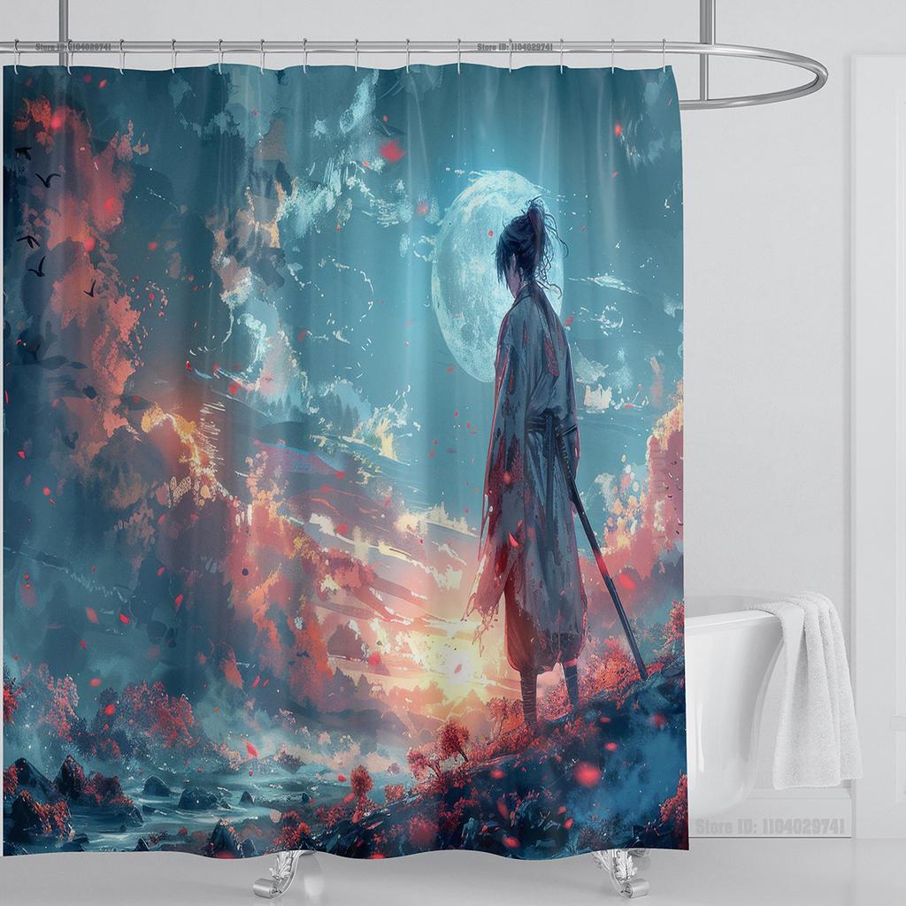 Illustration Japanese Chinese Style Art Print Polyester Washable Waterproof Shower Curtain Bathroom Decoration Bathtub With Hook