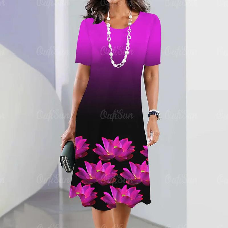 

Модное женское свободное платье-трапеция с принтом цветов и растений, коротким рукавом и принтом листьев 8XL фиолетовый