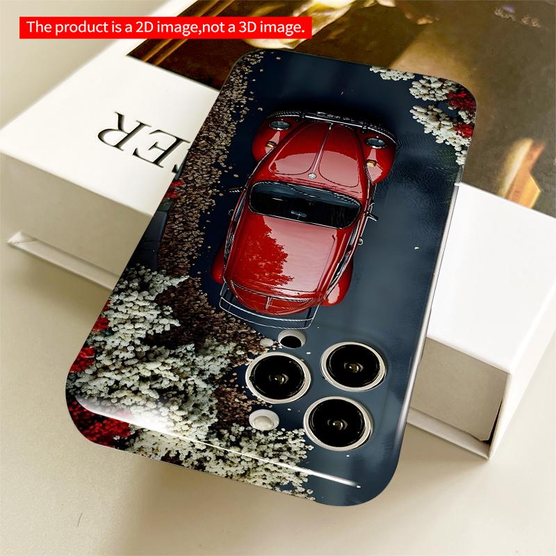2DFlat Red Beetle Car Overhead Garden View All inclusive film hard iPhone case, compatible with iPhone 18 Pro Max 17 16 15 14 13 12 11