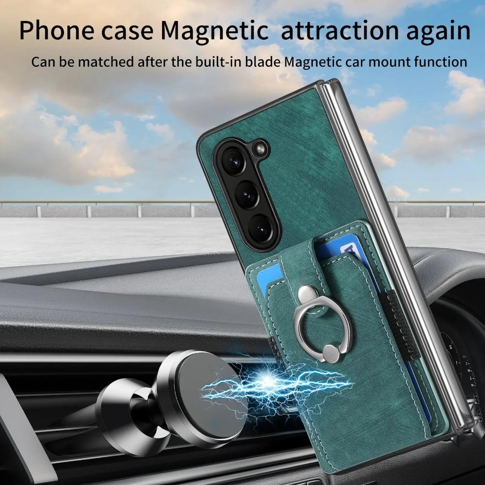 Retro Artificial Leather Wallet Phone Case with Ring Holder for Samsung Galaxy Z Fold 7 6 5 4 3 Fold7 Fold6 5G Card Slot Cover