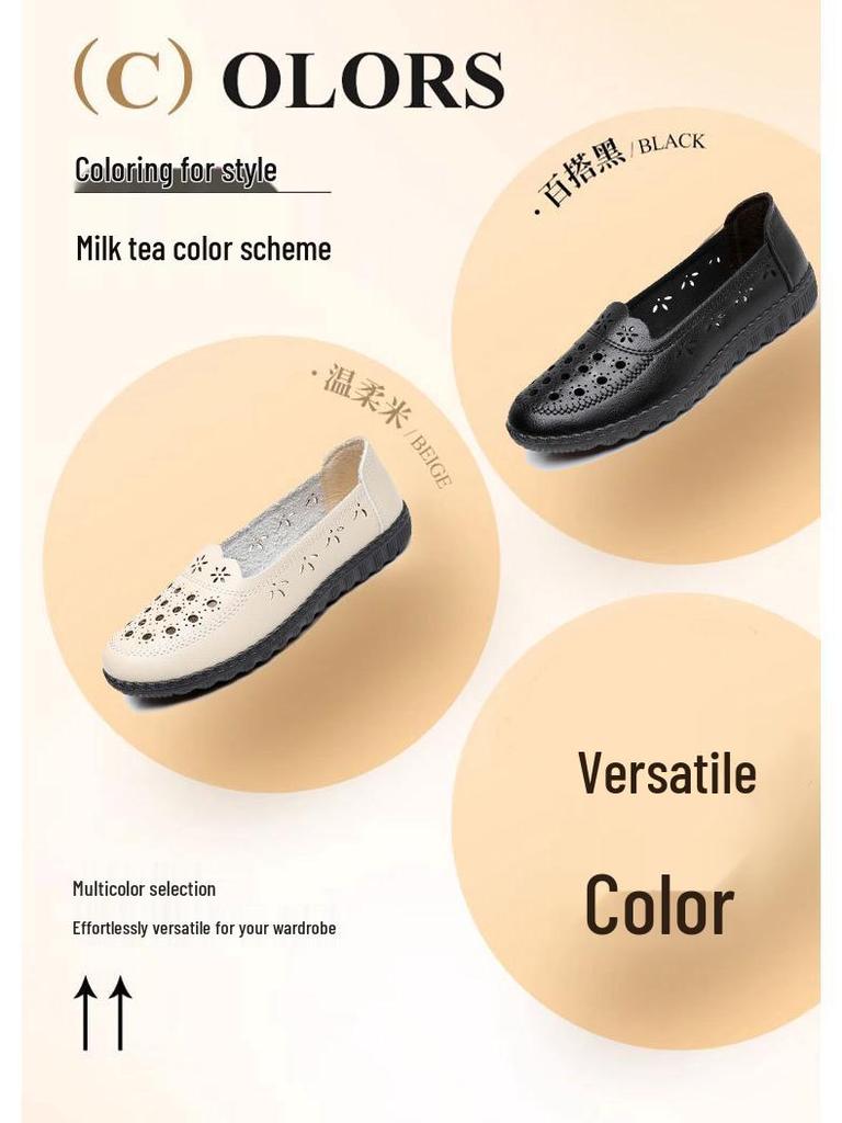 Genuine Leather Breathable Soft Sole Sandals for Middle-Aged & Elderly Women - Non-Slip Flat Heel