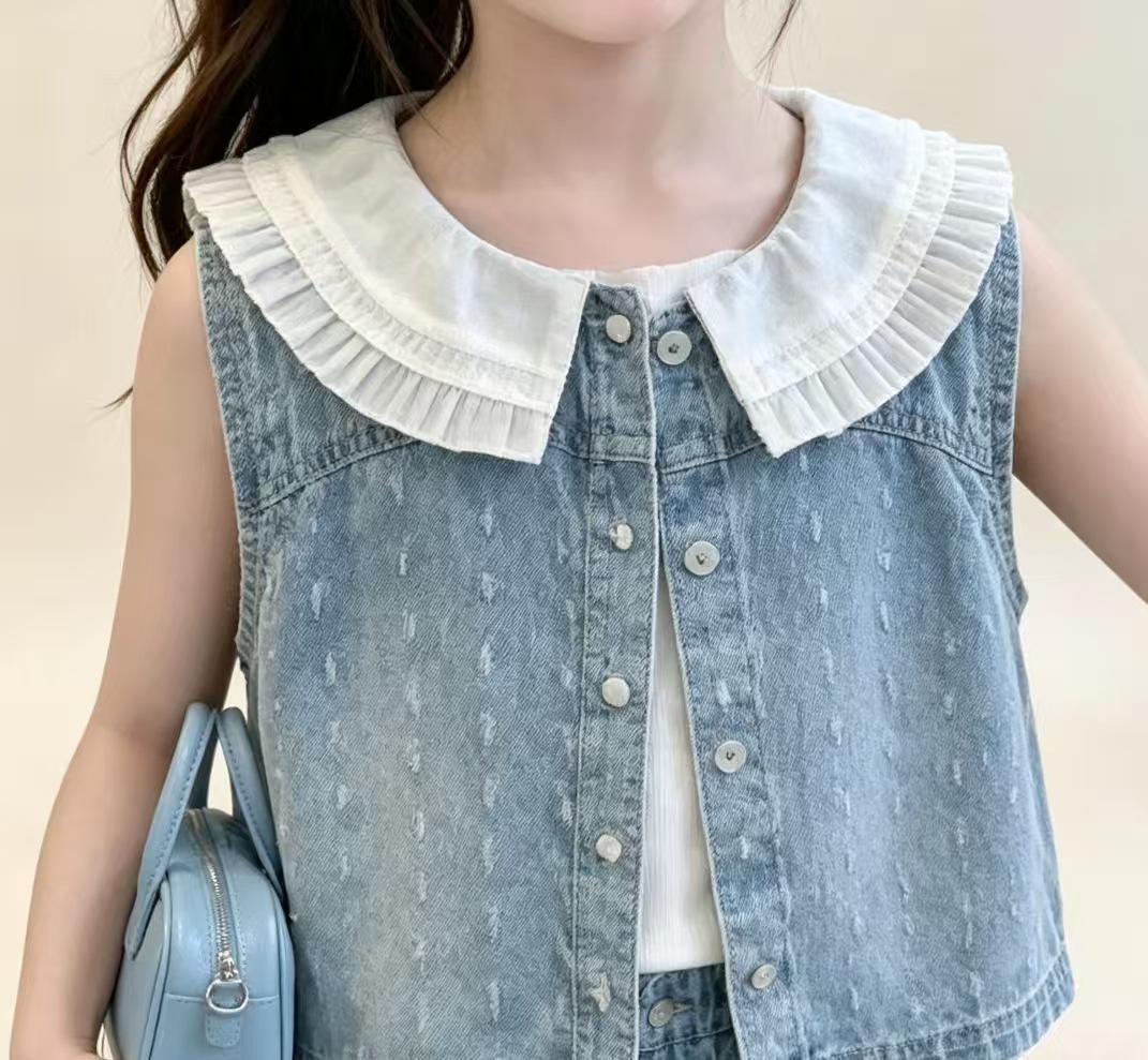 Girls  Summer 2026 Lace Denim Sleeveless Two-Piece Set - Sporty and Stylish 160cm