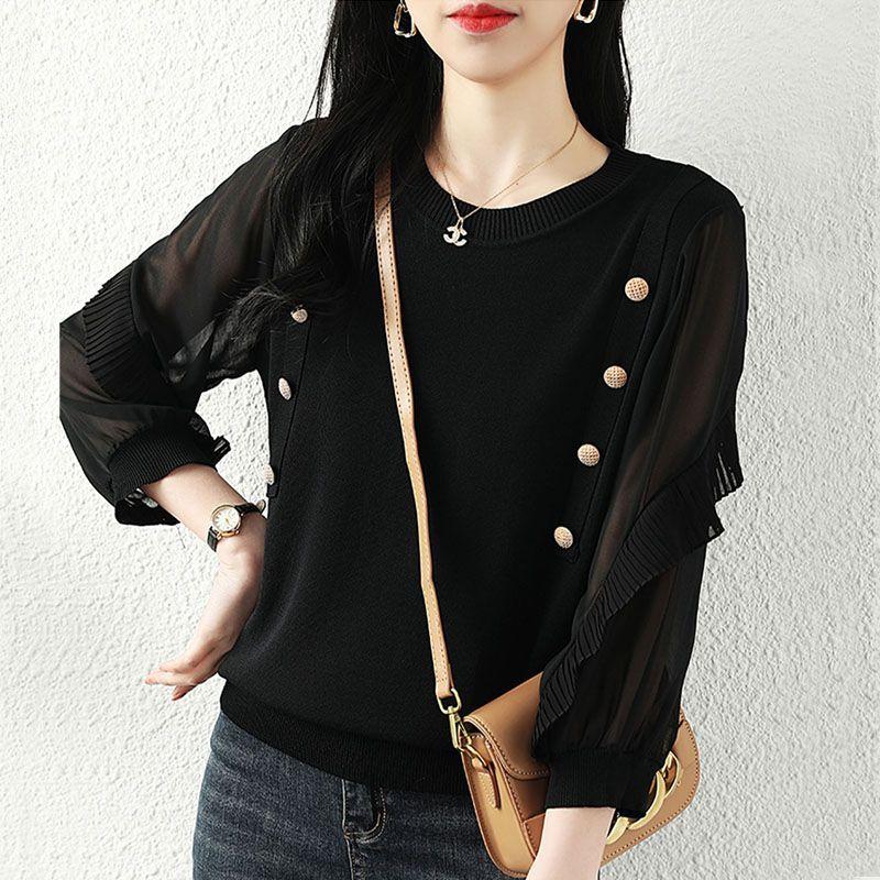 Korean Gauze Patchwork Blouse 3/4 Sleeve Women's Clothing Commute Solid Color O-Neck Spring Autumn Button Basic Knitted Shirt