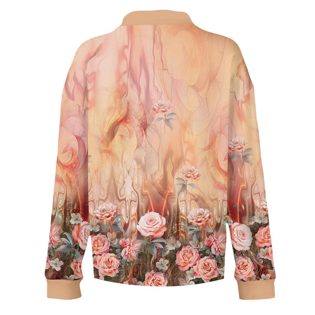 Damen lockeres V-Ausschnitt langärmeliges Knopfleisten-Blumen-Pullover-Oberteil