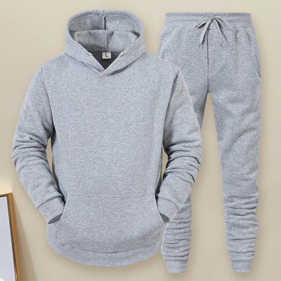 2Pcs/Set Long Sleeve Elastic Waist Mid-rise Thickened Sportswear Set Men Winter Solid Color Pockets Hooded Sweatshirt Pants Set Daily Clothing