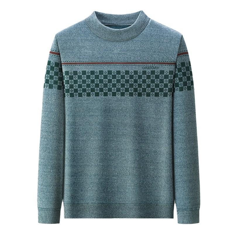 Men's Cozy Fleece-Lined Striped Sweater - Casual Round Neck Knit Pullover for Fall/Winter, Warm & Stylish