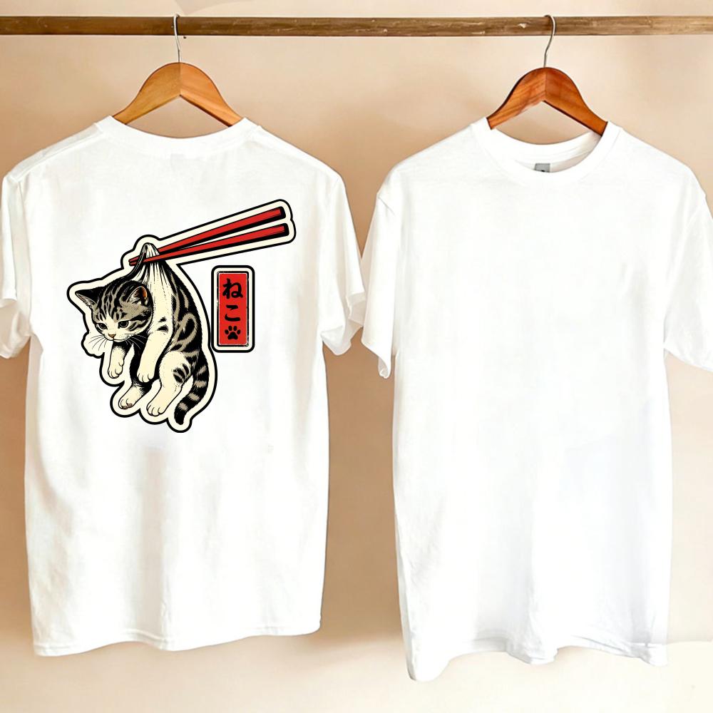 Unisex Vintage Japanese Tabby Cat Hang By Chopsticks Kanji Graphic TShirt Retro Ukiyoe Style Funny Kitten Print Casual Cotton Top