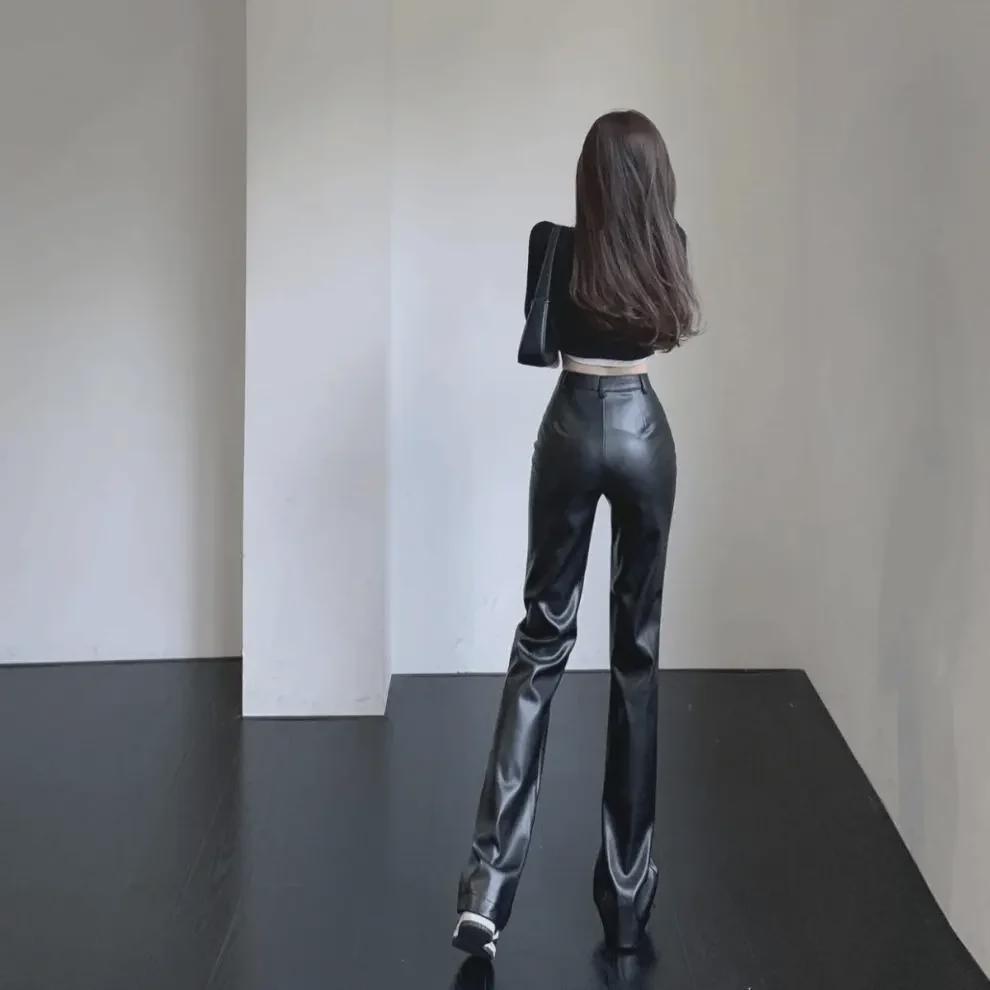 2023 Women's High-Waisted Black Leather Pants - Slim, Straight, Wide-Leg with High-Grade Drape.