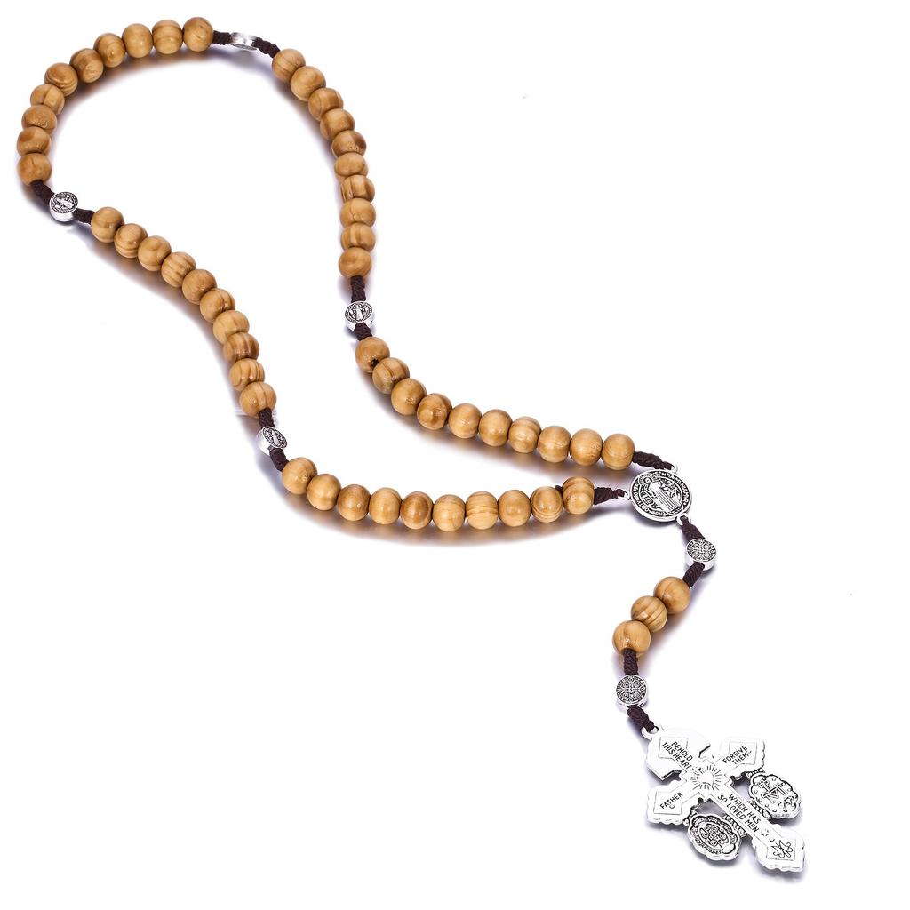 10MM Wood Beads Rosary Cross Necklace For Women Men Fashion Religion Jewelry Pendant Chain