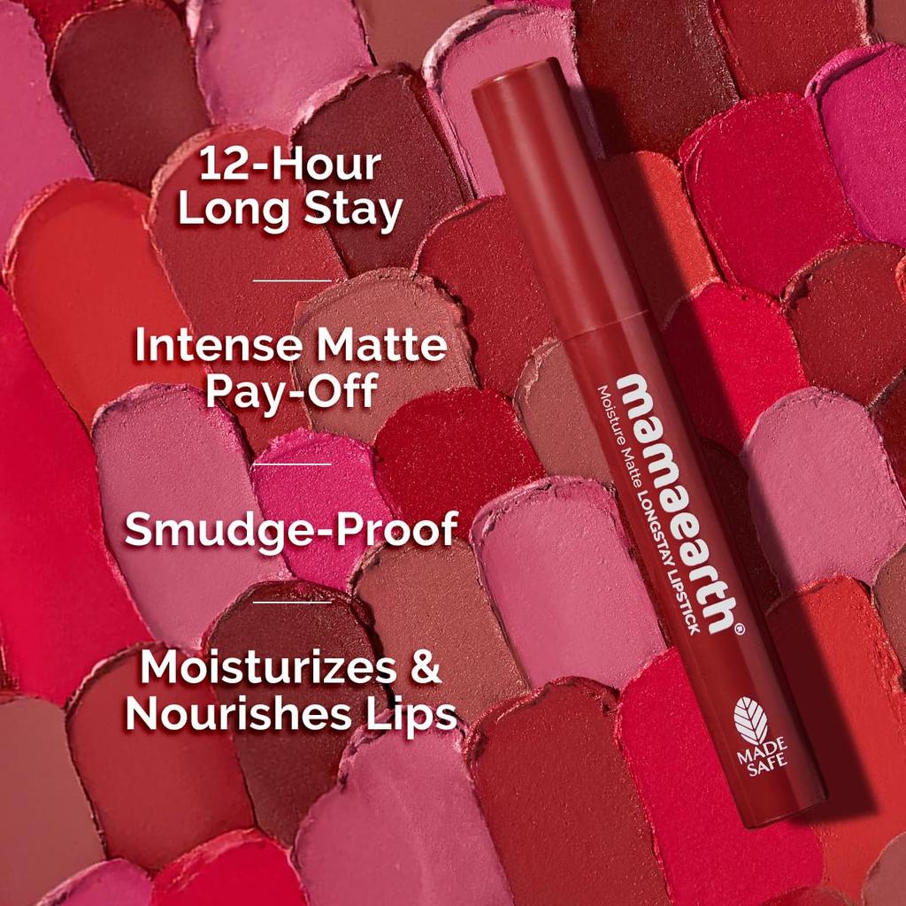 Mamaearth Moisture Matte Longstay Lipstick Avocado Oil Vitamin E 12H Stay Cherry Punch Shade 11 2 G Lip Color Makeup