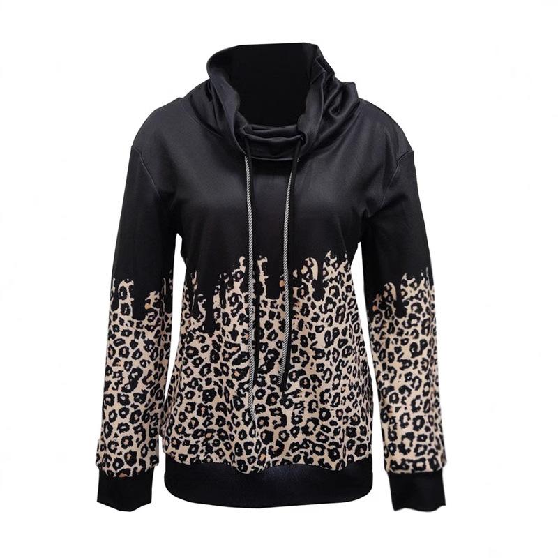 Women's Casual Leopard Print Long Sleeve Pile Collar Double Drawstring Pullover Sweatshirt