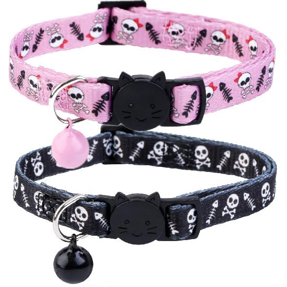 BoomBone Skull Cat Collar Breakaway with Bell,Pack of 2 Safe Halloween Puppy Collars