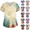 Ladies' Independence Day Printed Fashionable V-neck Pocket Short Sleeved Uniform and Caregiver Top